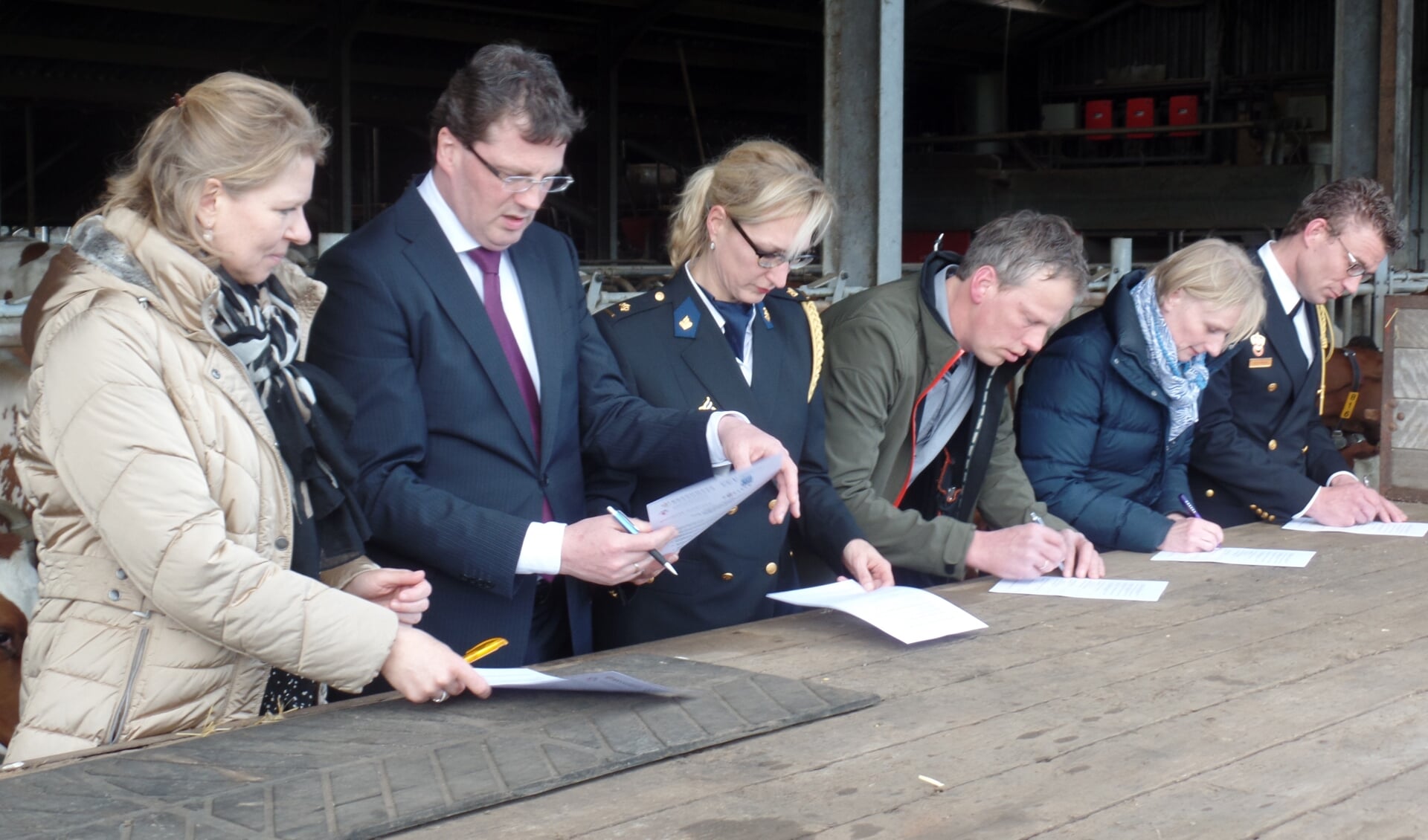 De ondertekening van de verklaring vond op een platte wagen in de ligboxenstal plaats. Foto: Jan Hendriksen. 