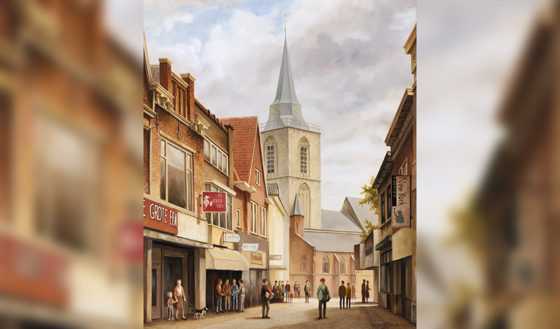 Een schilderij van Wim Slotboom, van de Misterstraat zoals die er in de jaren 70 uitzag, met de Jacobskerk op de achtergrond. Foto: PR