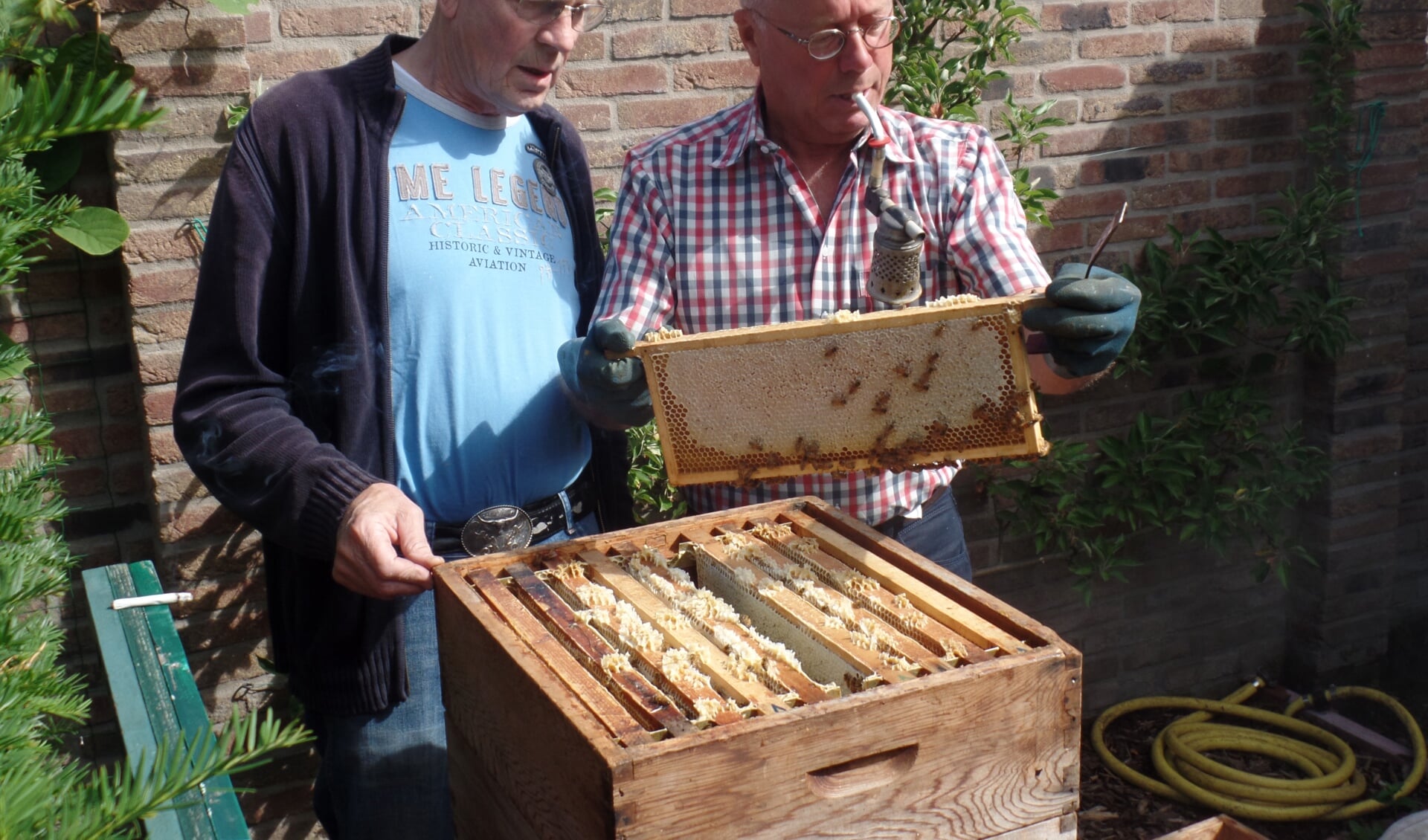 Frans Helmink en Herman van Vleuten bij een van de bijenkasten van Van Vleuten. Foto: PR. 