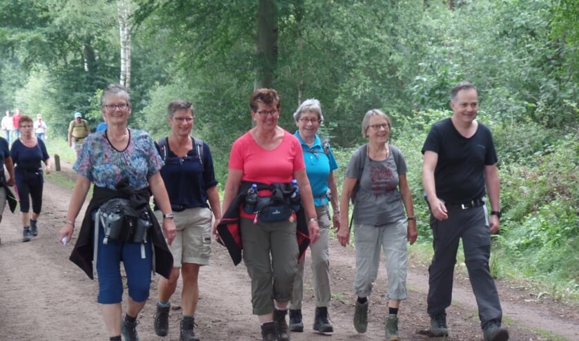 Ria klein Wassink, Inge Lievestro, Hentje Lindenschot, Gerda de Kroon, Fien Venderbosch en Geralt Altena (v.l.n.r.) behoorden tot de 76 Ruurloërs die aan de Barchemse vierdaagse deelnamen. Foto: Jan Hendriksen.