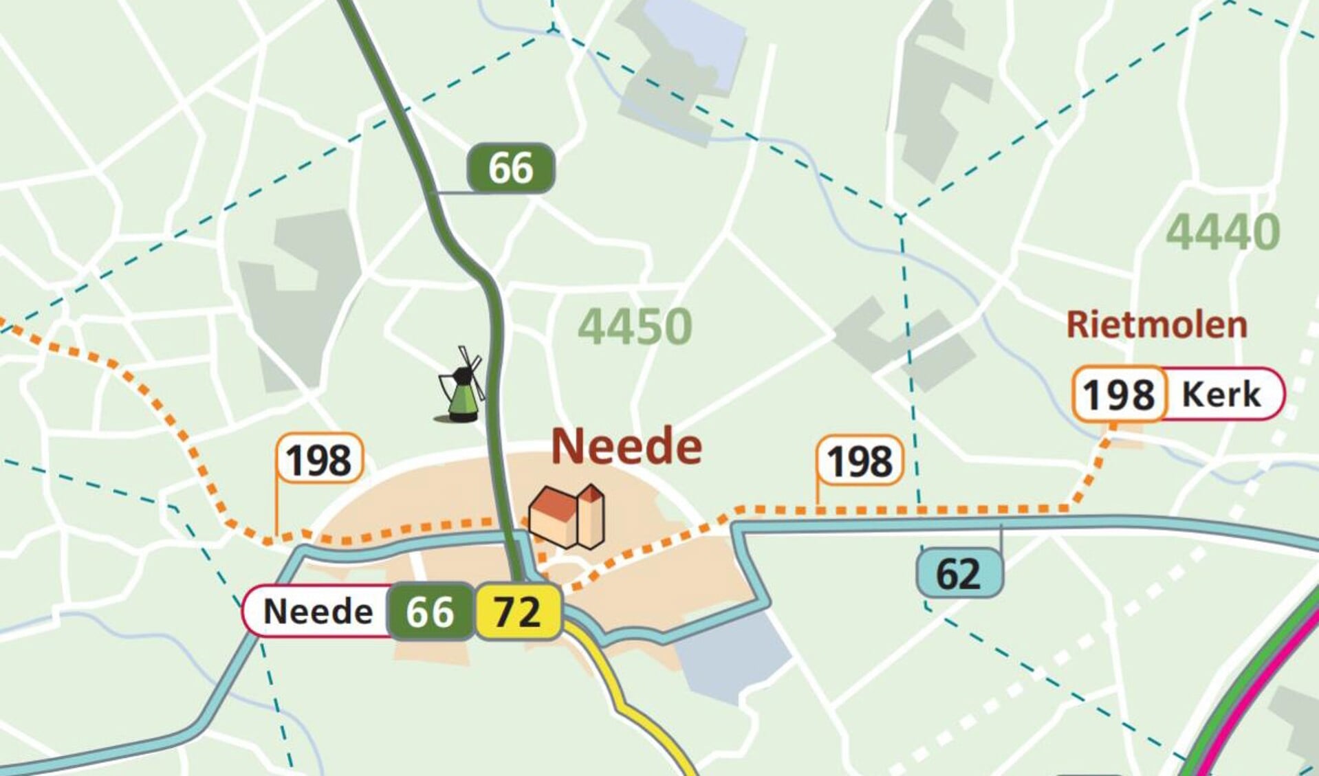 Tijdelijke route lijn 66 van en naar Neede via paarse lijn en in Neede route lijn 62 volgen. Afbeelding: PR Provincie Gelderland