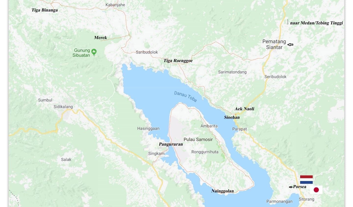 Kaart van het gebied rond de brug bij Porsea, nabij het Toba Meer op 
Midden Sumatra, waar de gevechten hebben plaatsgevonden. 