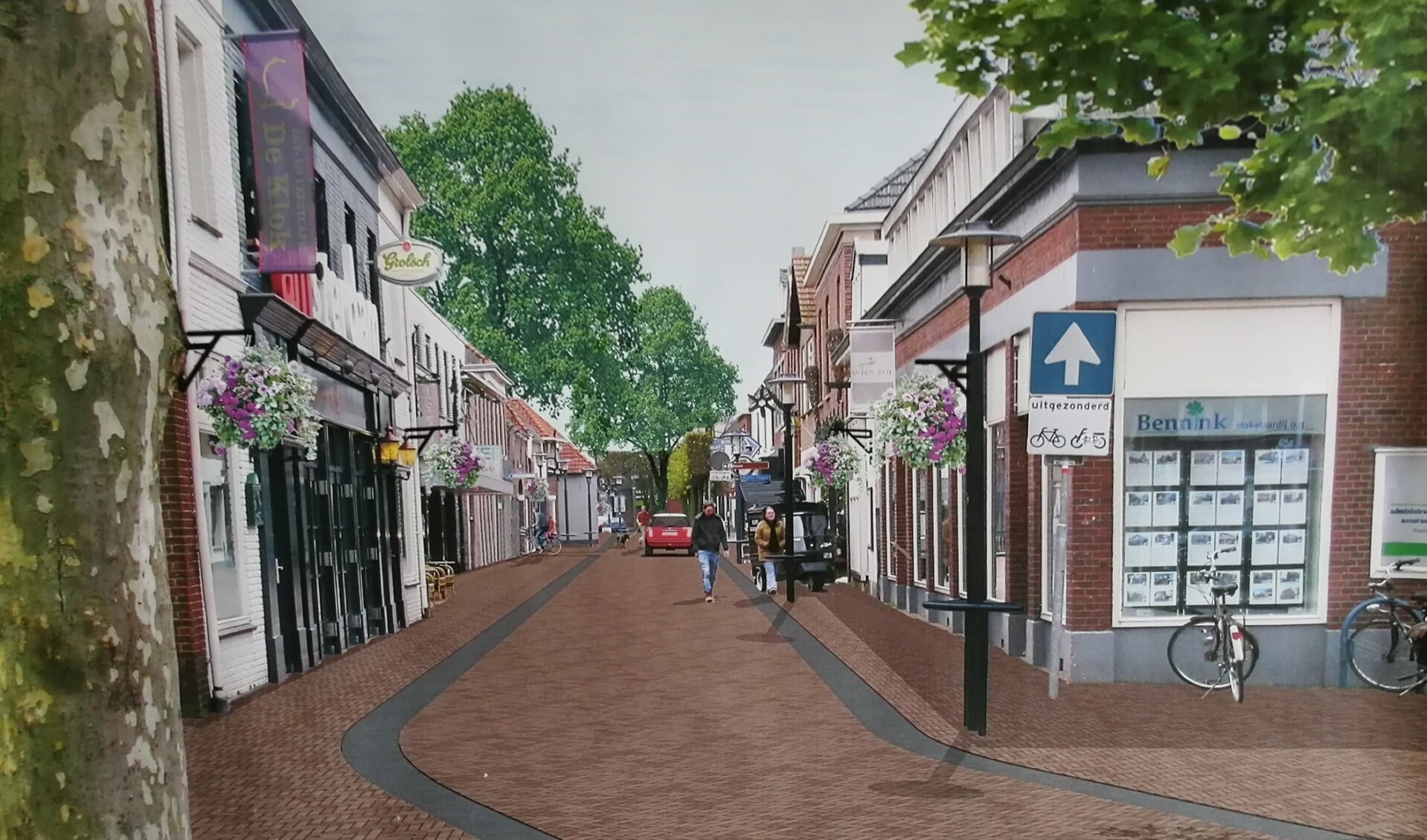 3D weergave van de herinrichting Grotestraat tegenover De Klok. Illustratie: Sacon Architecten)