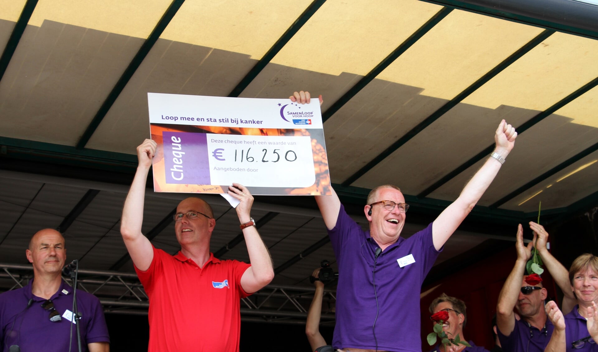 Hans Lubbers overhandigt de cheque aan Jan Puthaar van de KWF. Foto: Liesbeth Spaansen