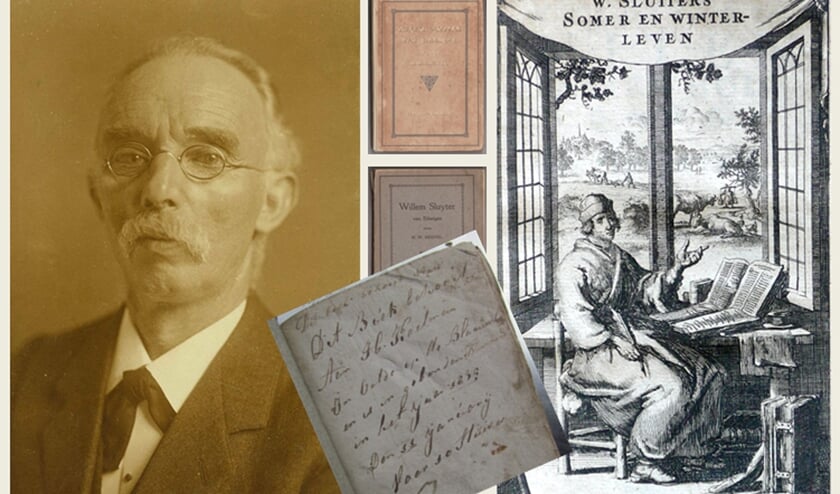 Het portret van Hendrik Willem Heuvel met een prent van Jan Luyken die in veel Sluiterbundels prijkt, twee verschillende omslagen van Heuvels boek over Sluiter en een pagina met de naam van Heuvels overgrootvader uit de Sluiterbundel die officieel wordt overgedragen aan museum De Lebbenbrugge. Foto: