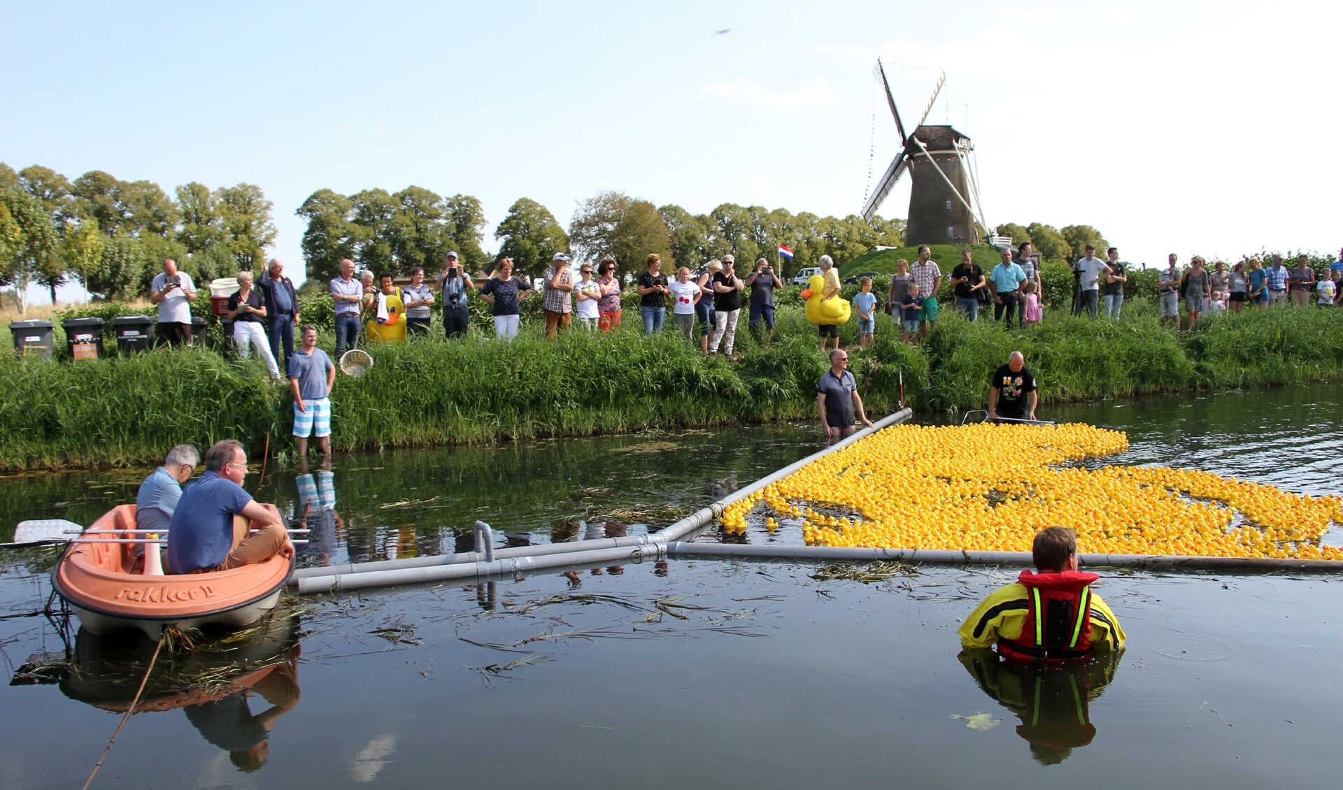 De 3000 badeendjes zijn bijna bij de finish, notaris Blankenstijn kijkt toe. Foto: Achterhoekfoto.nl/Liesbeth Spaansen