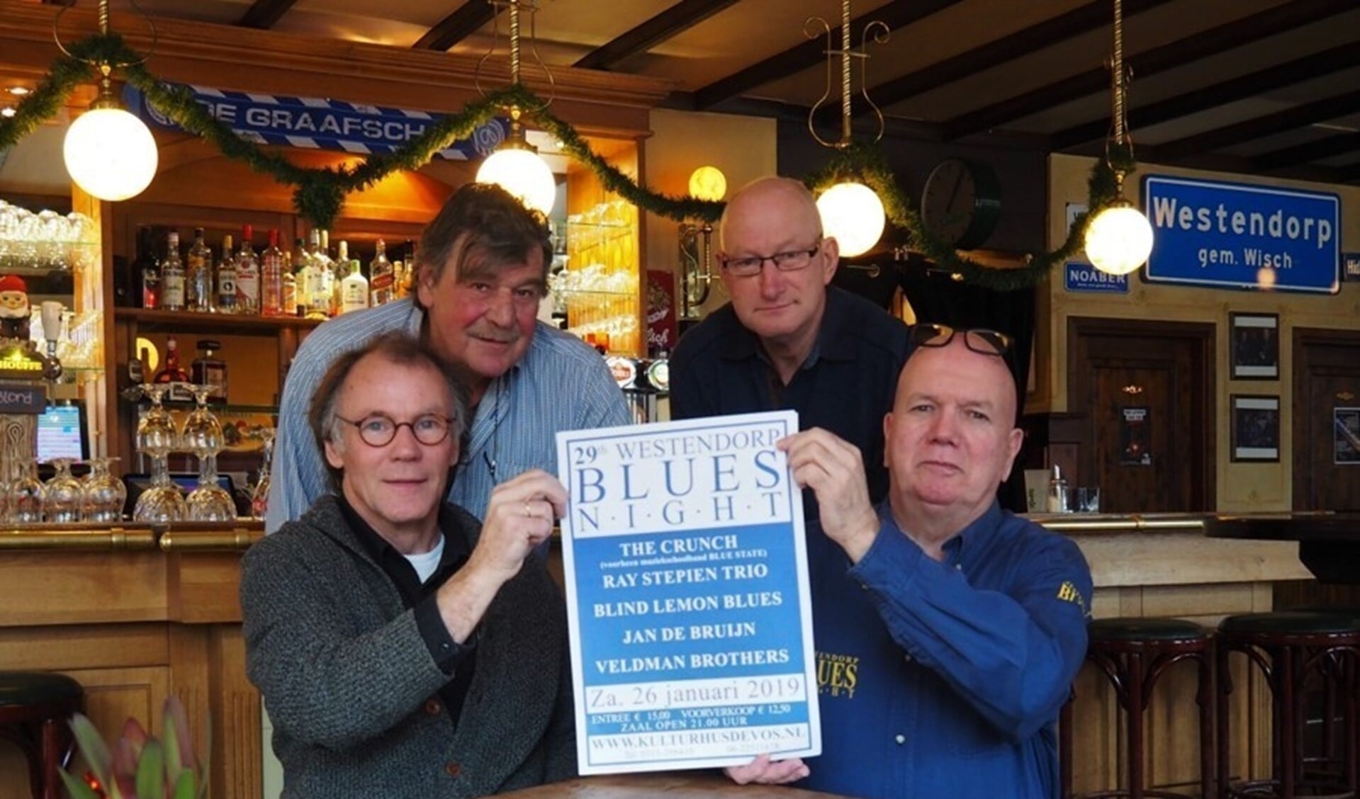 De Westendorp Bluesnight-organisatie (vlnr Henk Beunk, Chris Snijders, Han Nijman en Gert Lovink). Foto: PR