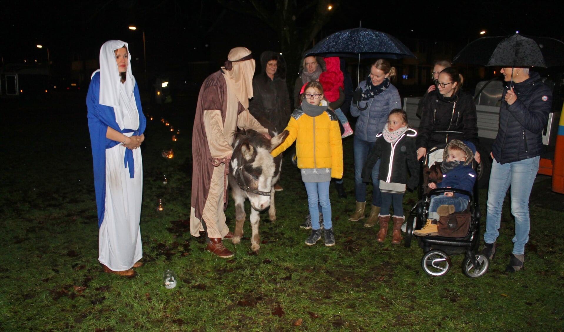 De ezel van het kerstverhaal kan rekenen op veel belangstellende kinderen tijdens de Herdertjestocht in Vorden. Foto: Rien Wagenvoort