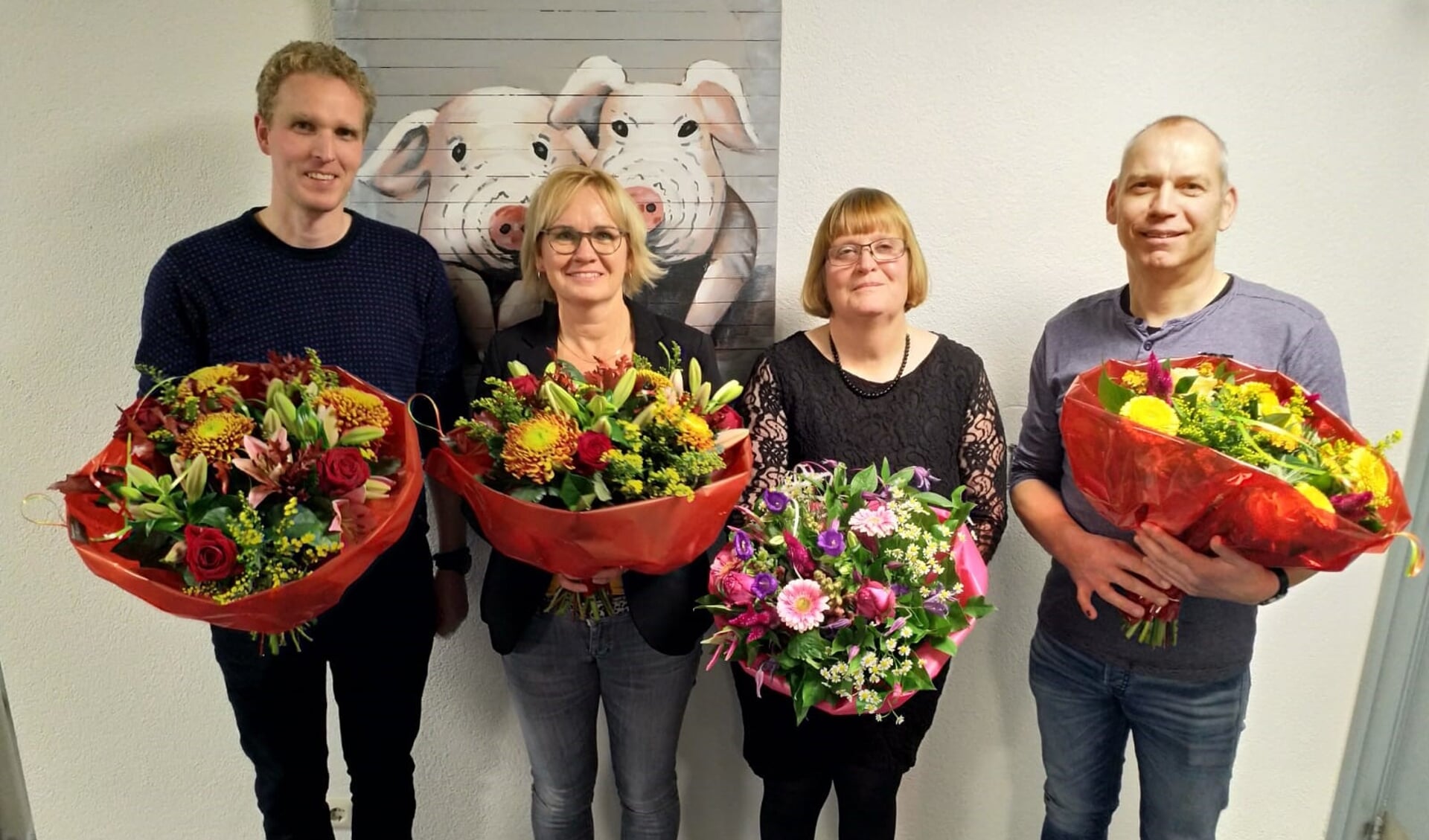 Vlnr: Johan Mussche, Judith Heinen-Wichman, Astrid Wissink-Tankink en Martin Domhof zijn samen goed voor maar liefst 102,5 dienstjaren.