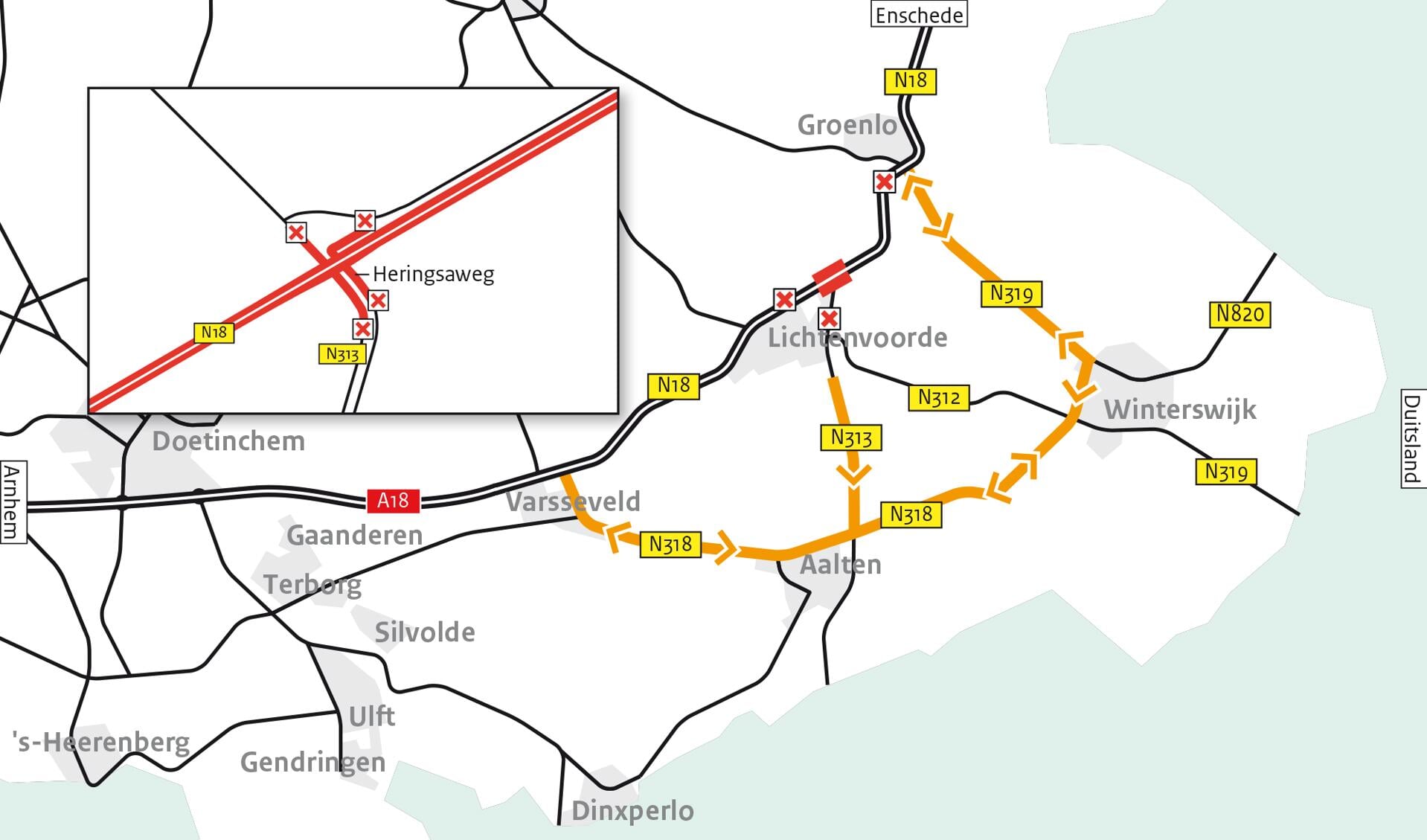 De N18 tussen Lichtenvoorde en Groenlo wordt afgesloten. Ook de parallelweg en de aansluitingen van de Hamalandweg worden gesloten. Het verkeer wordt over Aalten en Winterswijk omgeleid. Afbeelding: Rijkswaterstaat
