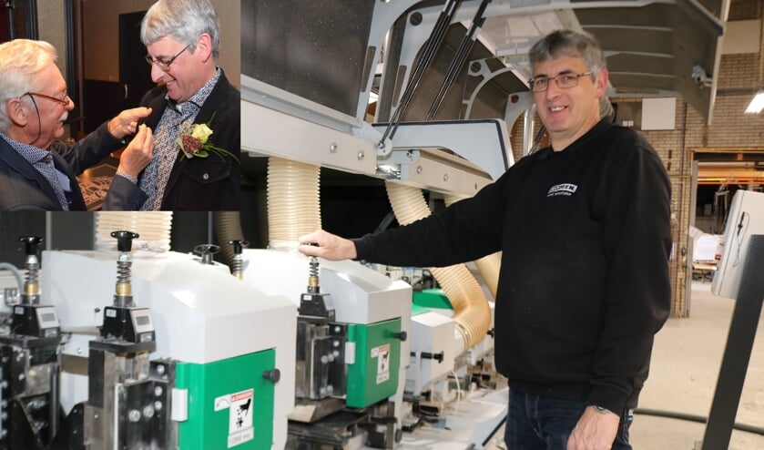 Martus Wolferink bij zijn profielmachine. Inzet: van Hans Kreunen ontvangt de jubilaris een gouden speld met briljant van Bouwend Nederland