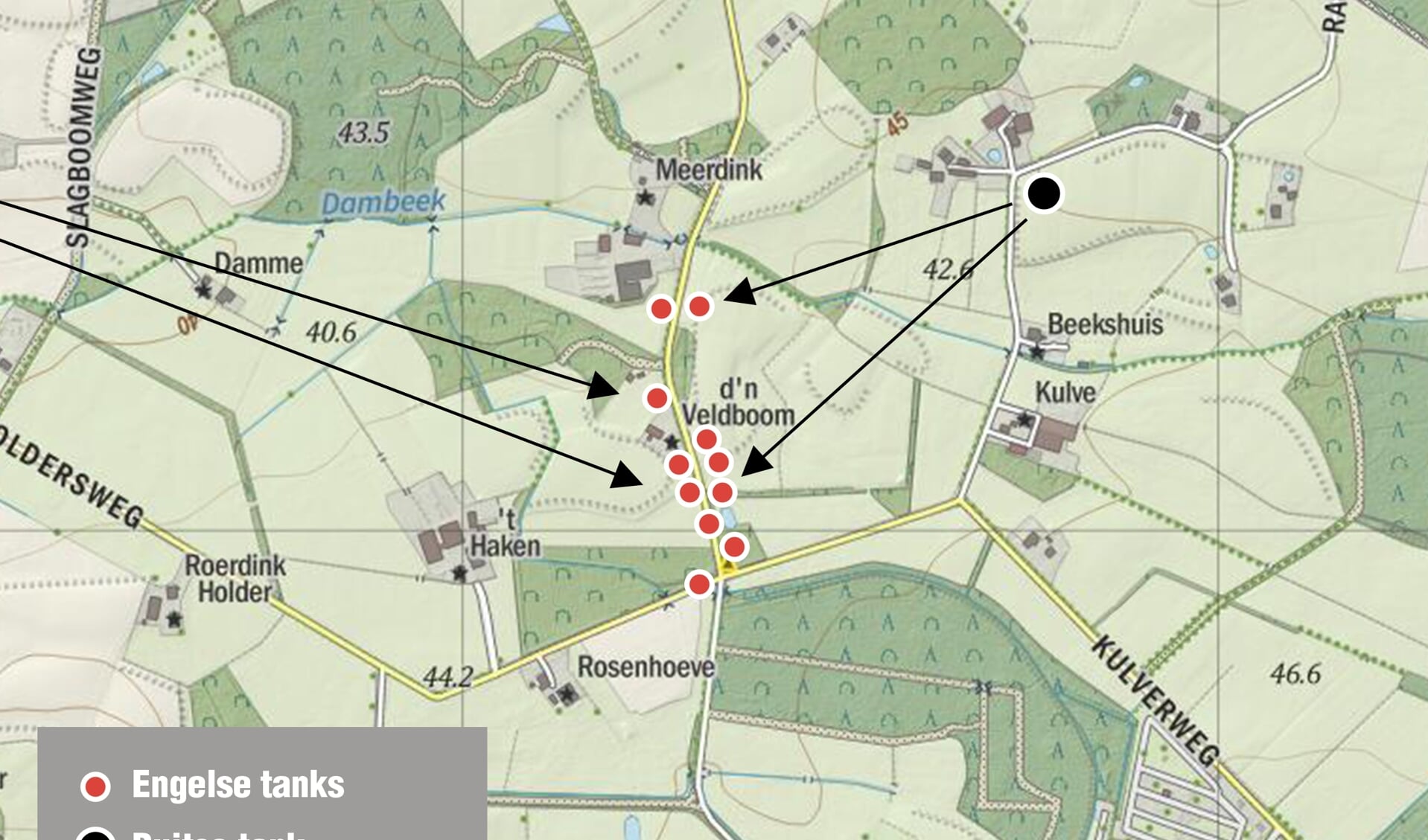 Op de kaart is aangegeven waar de tanks zich bevonden. Foto: PR 