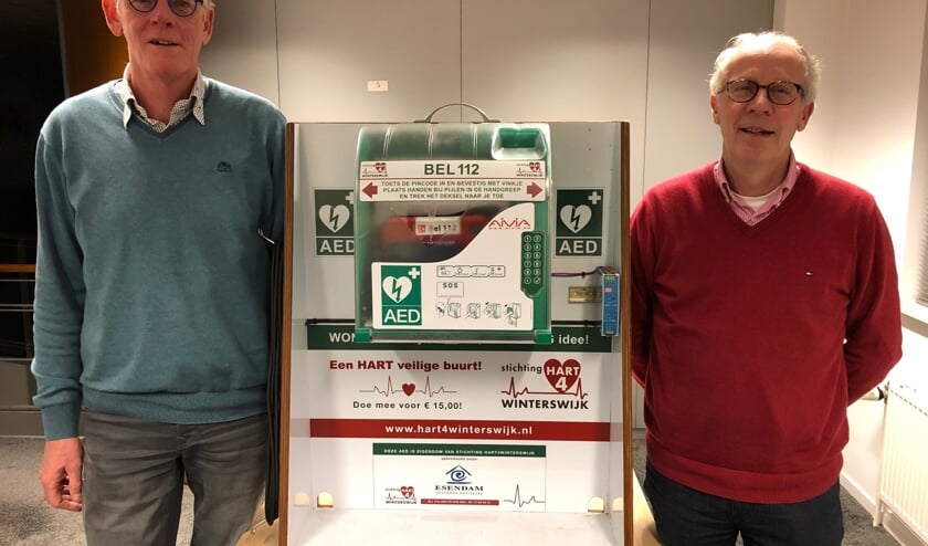 Hans Demkes (links) en Hans van der Meij bij de les demonstratie AED-kast. Foto: PR