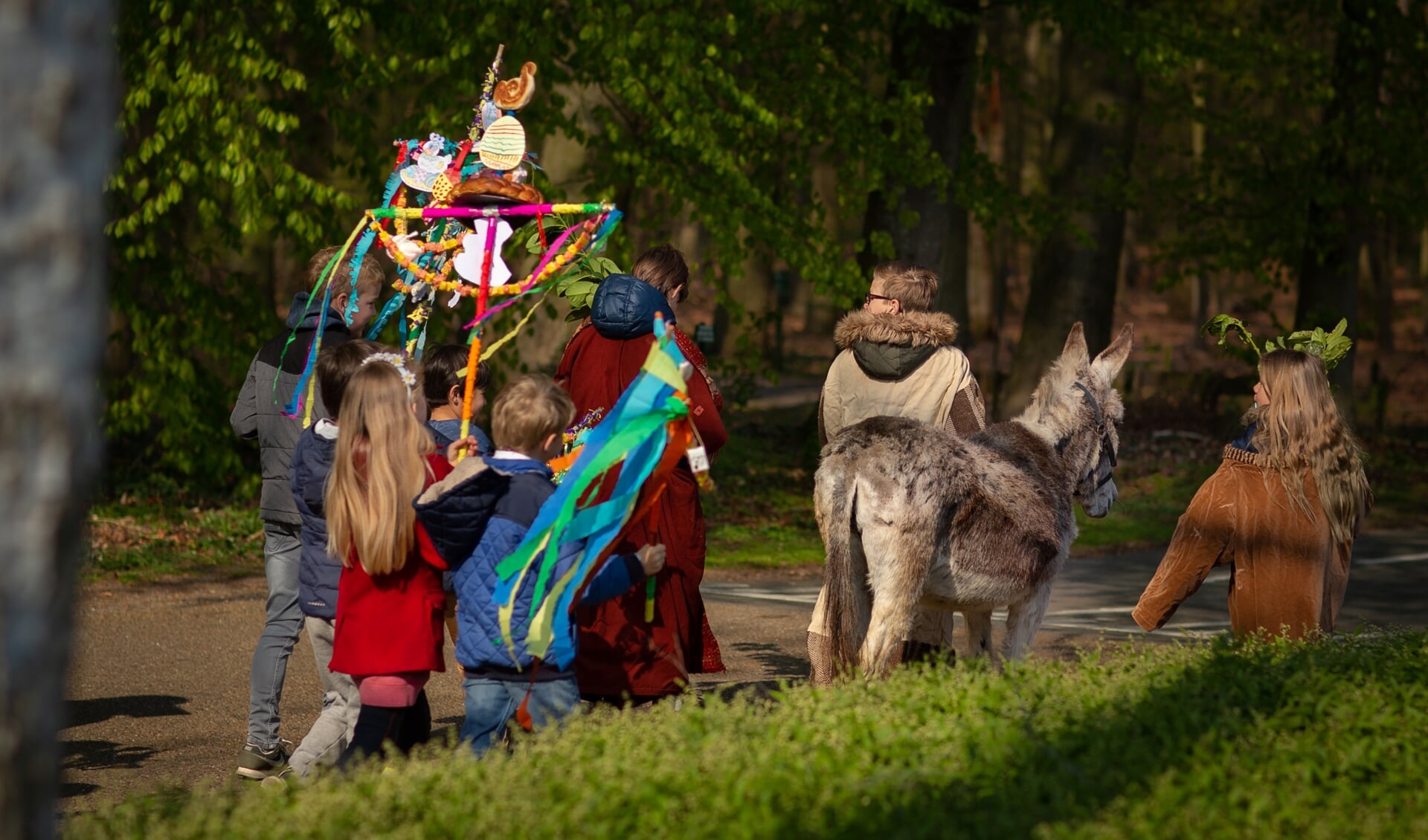 De kinderen trekken met de ezel voorop naar de Willibrorduskerk in Vierakker. Foto: PR. 