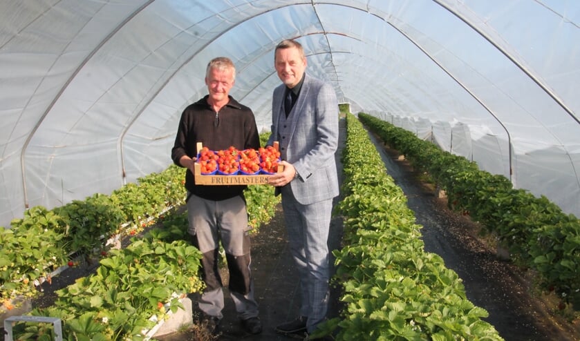 Bert Lensink en burgemeester Anton Stapelkamp met het eerste kistje aardbeien. Foto: Lydia ter Welle