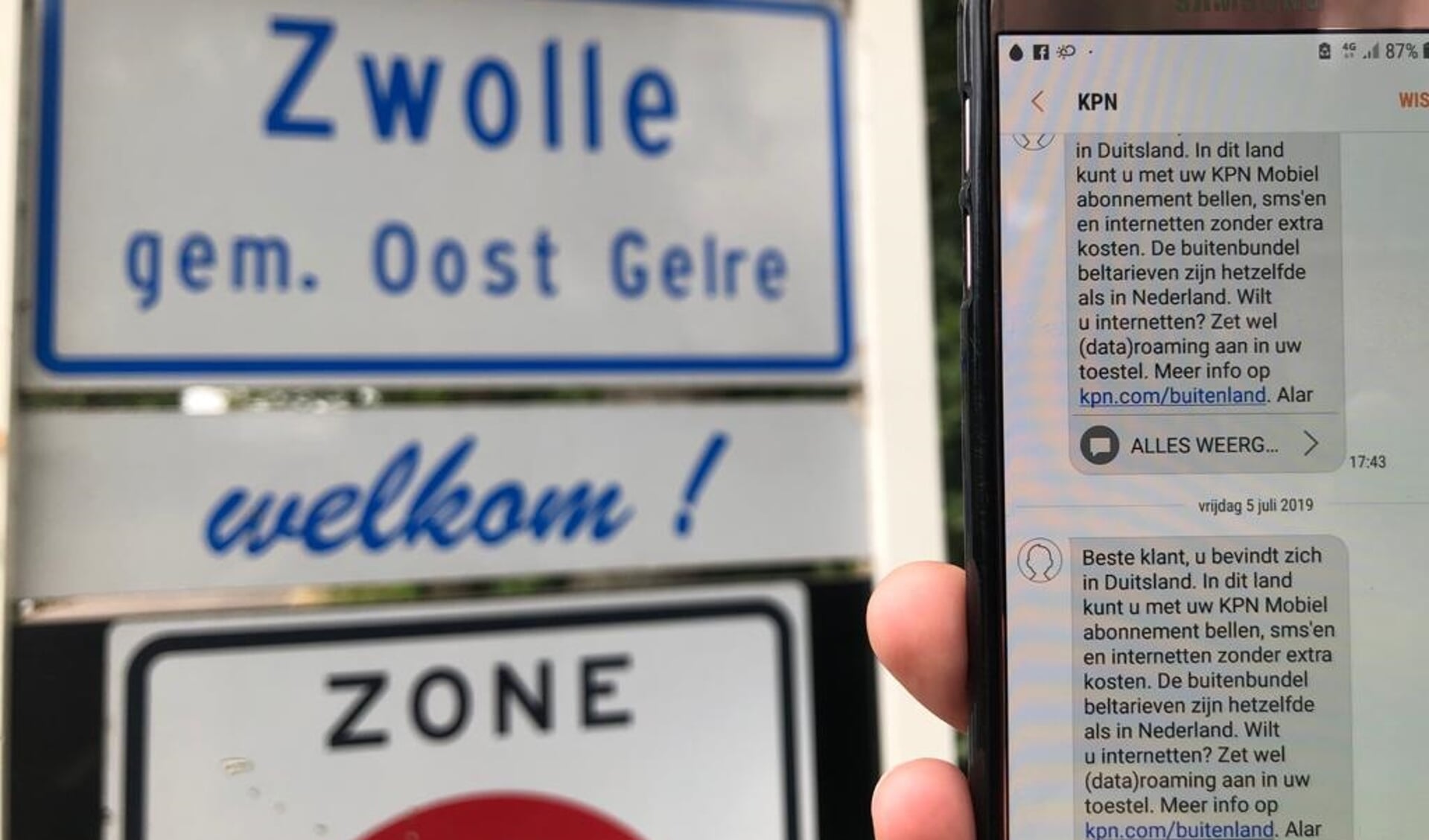 Bij de bebouwde kom van Zwolle krijg je al een melding 'Welkom in Duitsland'. Foto: Kyra Broshuis