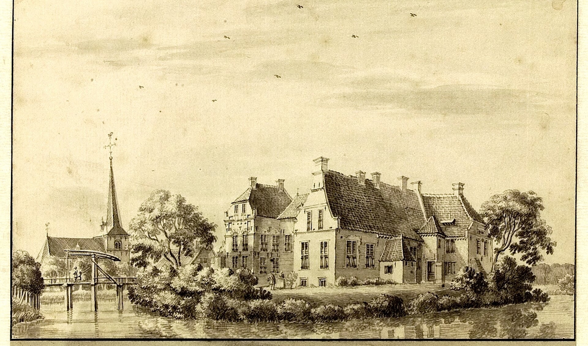 Tekening uit 1743 van Jan de Beijer van het kasteel in Lichtenvoorde met op de achtergrond de Johanneskerk. Bron: archief Johanneskerk