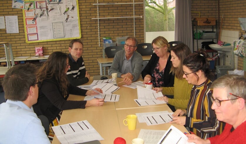 Het team van De Schakel tijdens een training. Zittend aan het einde van de tafel directeur Frank Sessink. Foto: Bart Kraan