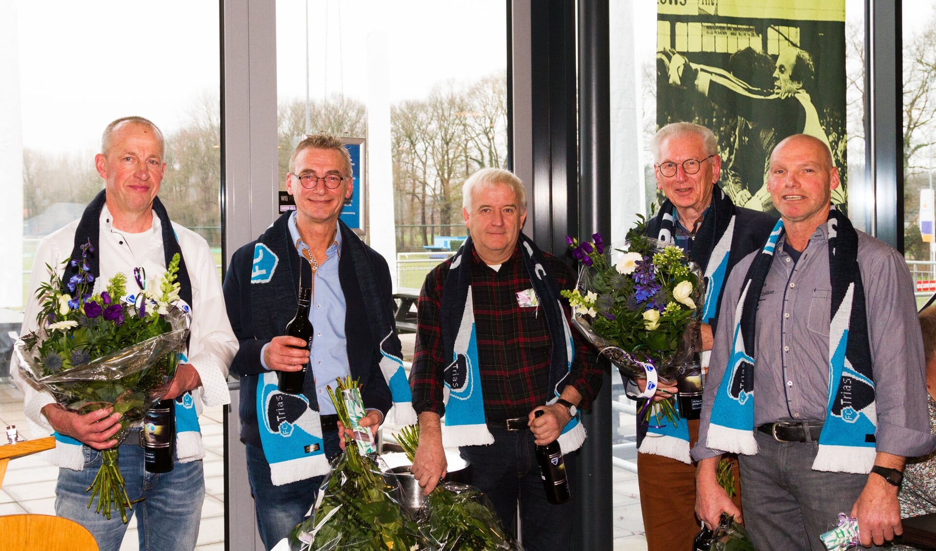 50 jarige jubilarissen: Jan de Roos, Ronald Meeusen, Hans Nijenhuis, Herman Wullink en Willy Kruisselbrink. Foto: PR FC Trias