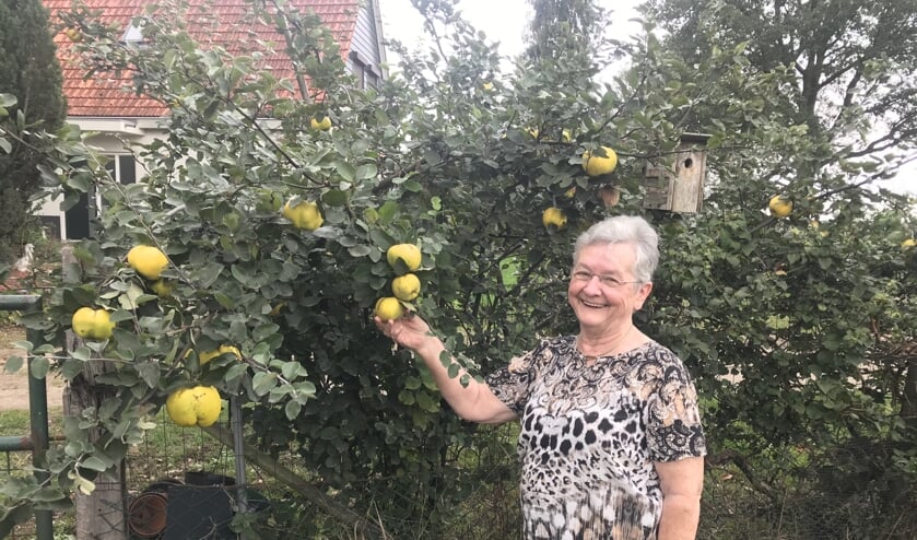 <p>Ria Olijslager in haar tuin bij de kweepeerbomen.</p>