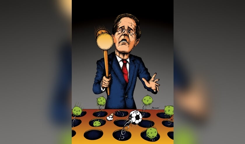 <p>Volgens premier Rutte is er een grote hamer nodig om het virus eronder te krijgen. Vooralsnog lijken de voetbalclubs uit de regio de klap op te kunnen vangen. Illustratie: Ehsan Bazaei</p>