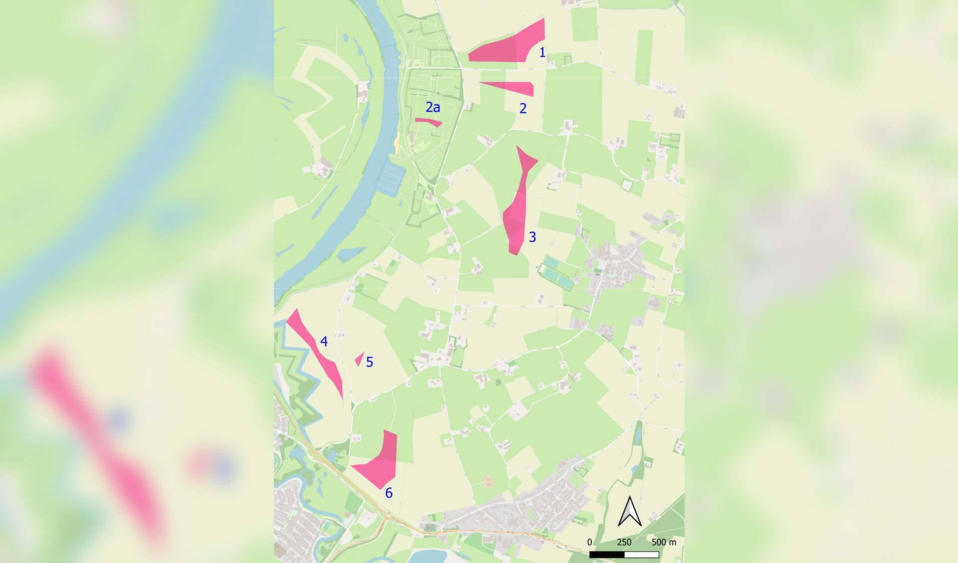 Op deze kaart staan de beoogde locaties voor windmolens vanuit de gemeente Doesburg. In verband met diverse regelgeving en adviezen lijken er een aantal locaties op voorhand niet haalbaar. Kaart: © OpenStreetMap-auteurs