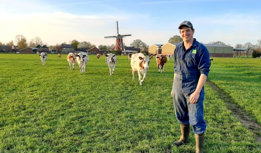 Emiel Koskamp bij zijn koeien in de wei in Lintelo. Foto: eigen foto
