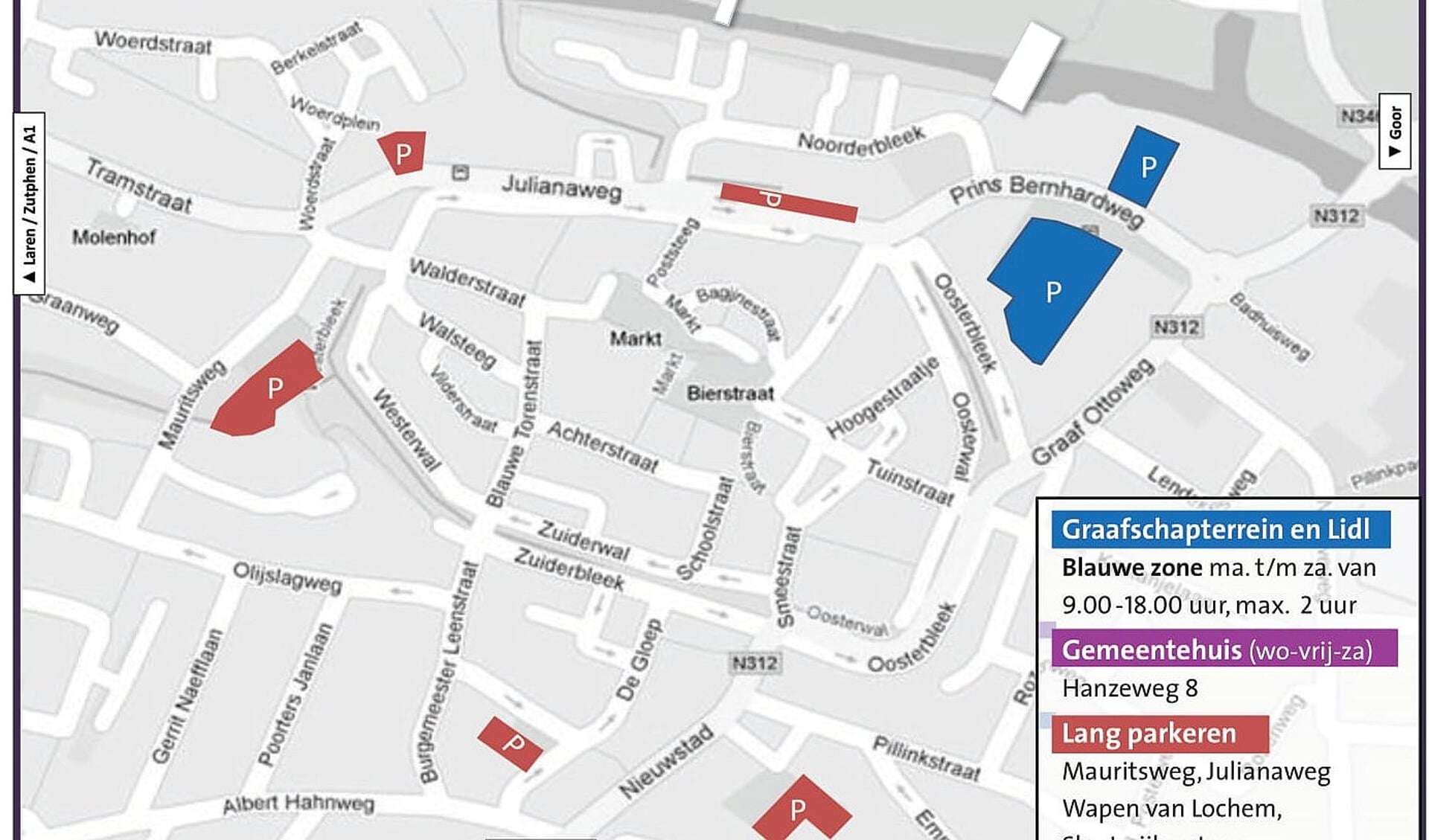 Kaart van de parkeermogelijkheden in en rond het centrum. Bron: gemeente Lochem