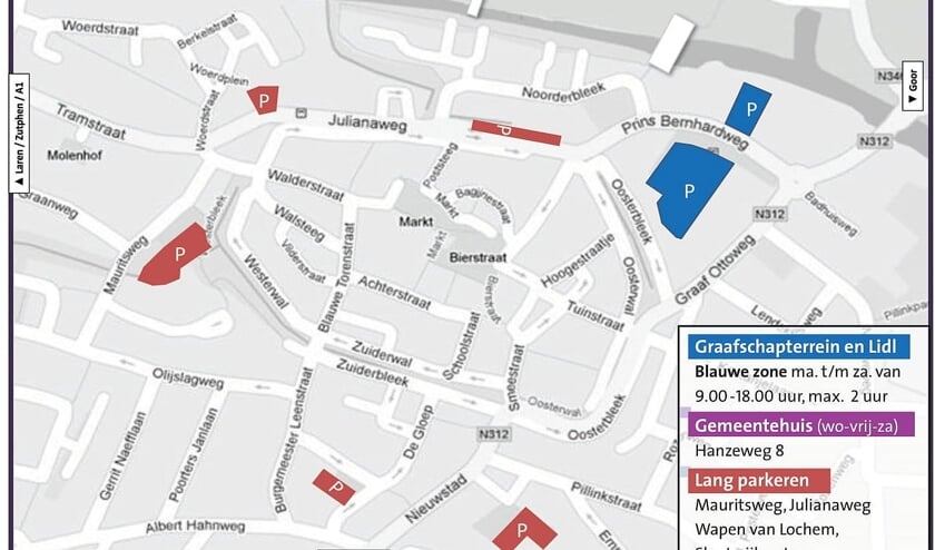 Kaart van de parkeermogelijkheden in en rond het centrum. Bron: gemeente Lochem