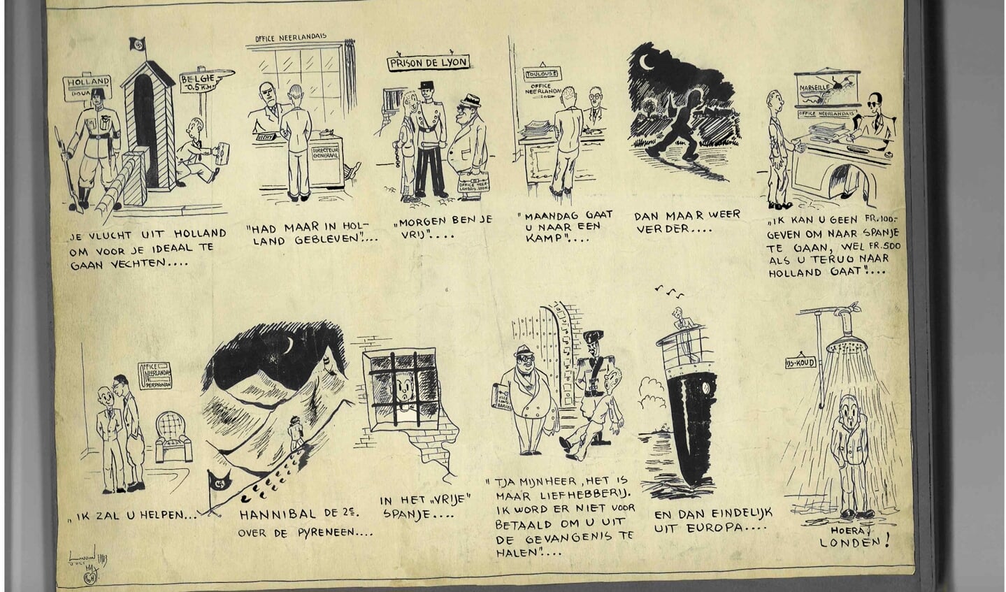 Spotprent (juli 1943) door Max Appelboom ‘De avonturen van een Engelandvaarder’. Sally Noach is te zien op deze strip op de bovenste rij nr. 3 en op de onderste rij afbeelding nr. 4. Foto: familiearchief
