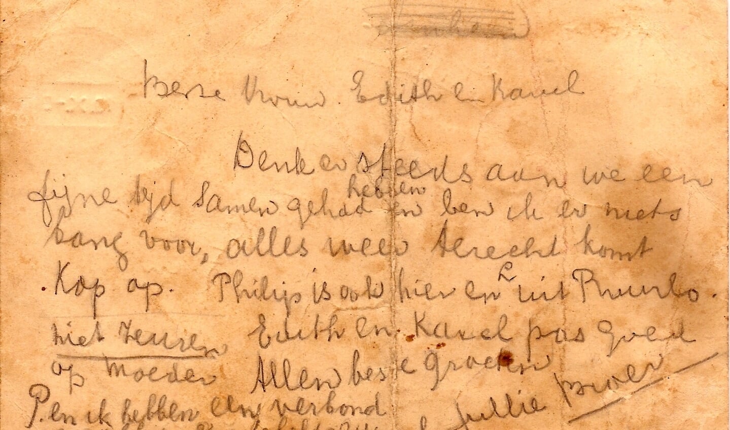 Briefkaart voor zijn familie die Samuel Jacobs op weg naar Mauthausen uit de trein gooide. Foto: Archief Willy Hermans