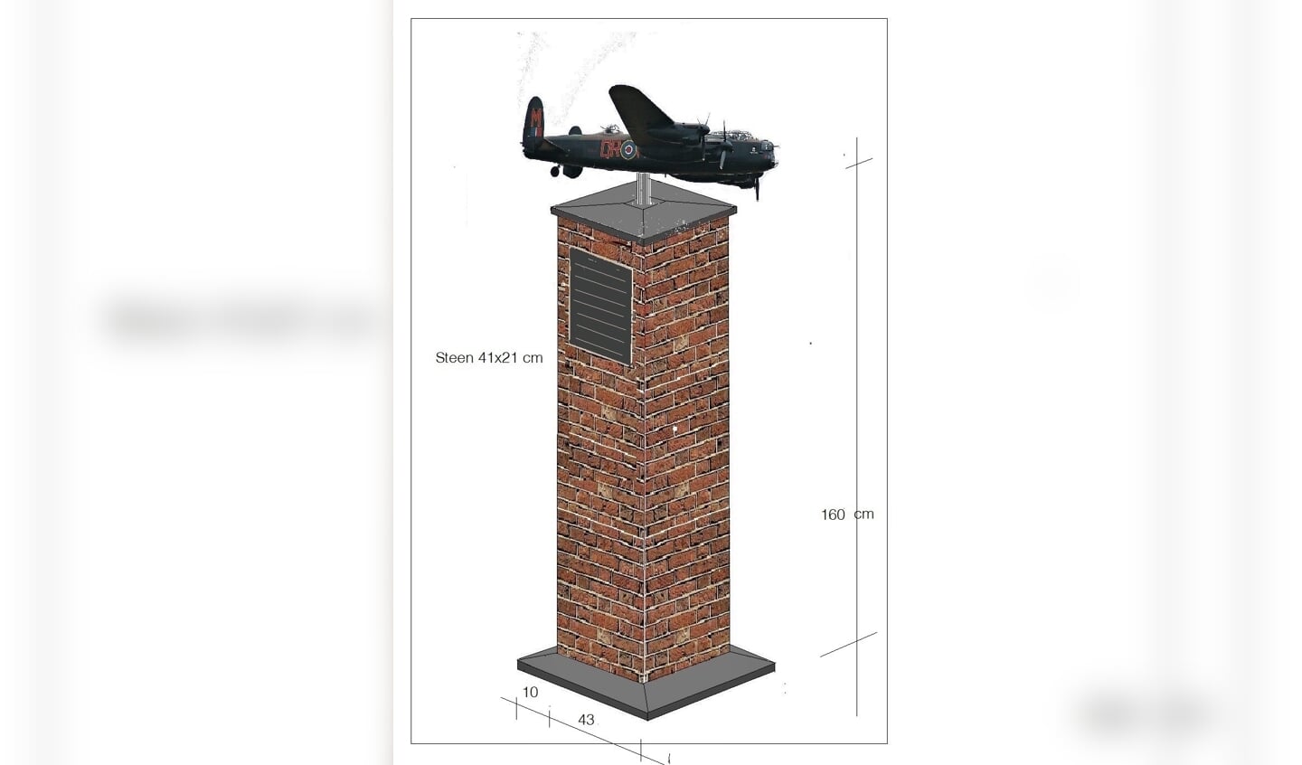 Een schetsontwerp van het herdenkingsmonument met een Lancaster bommenwerper. Een ijzeren silhouet van het vliegtuig staat op de zuil. Foto:PR 