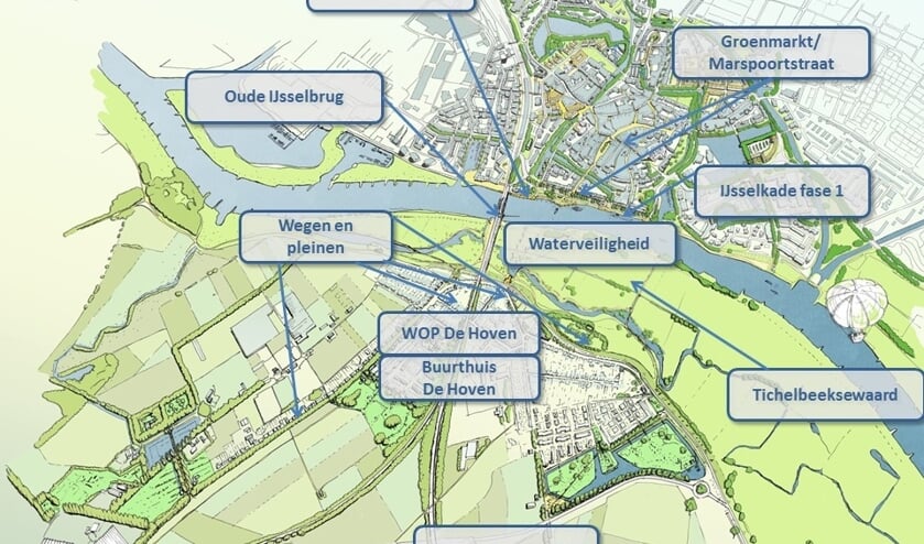 Rivier in de Stad bestaat uit meerdere projecten voor een betere verbinding tussen de Zutphense binnenstad, de IJssel en De Hoven. Op de kaart een overzicht van de projecten, waarvan IJsselkade fase 1, Oude IJsselbrug, Groenmarkt/Marspoorstraat en Tichelbeeksewaard al van zijn afgerond. Afbeelding: gemeente Zutphen