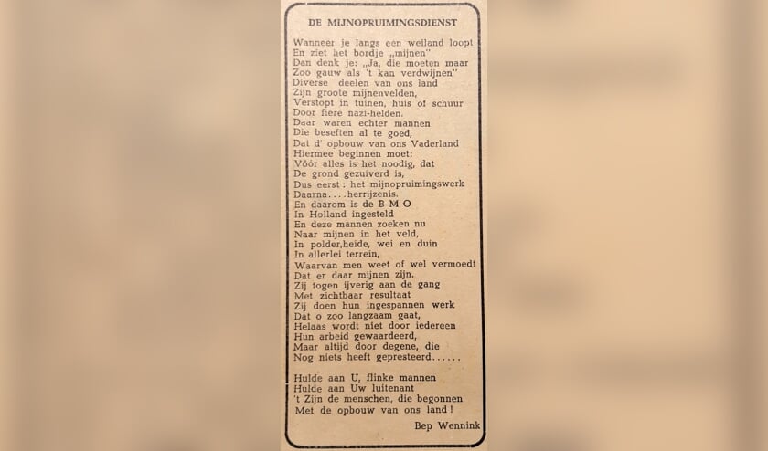Waardering voor de mijnopruimers van redacteur Bep Wennink. Uit De Oranje-Bode Radiosurrogaat