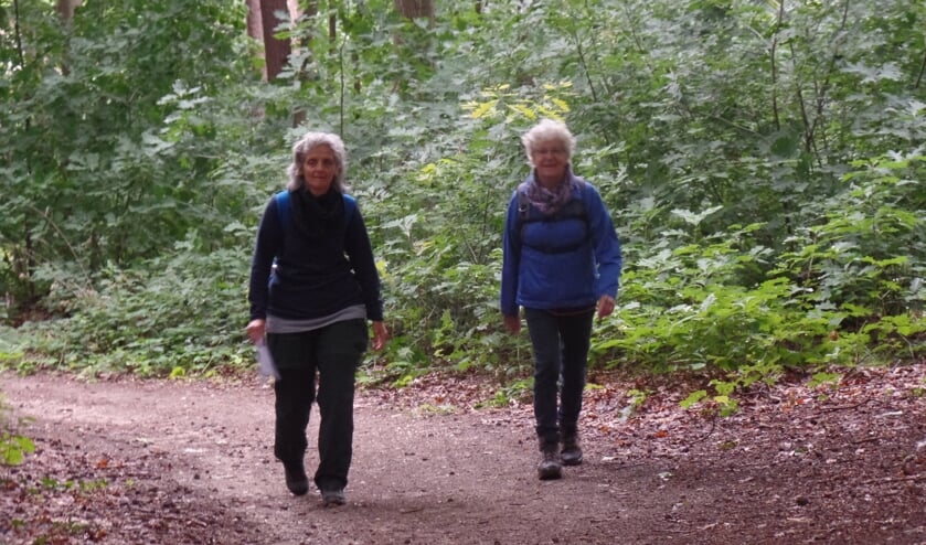 Wandelvriendinnen Hilly Pelleboer (l.) en Gré Oosterhuis zondagmorgen op de route op weg naar de Kalenberg. Foto: Jan Hendriksen.