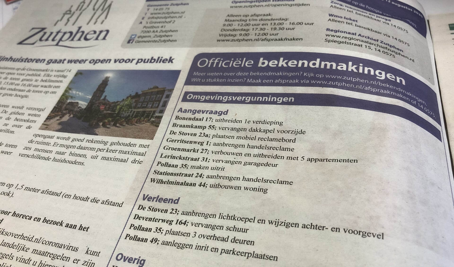 De gemeente Zutphen publiceert de openbare bekendmakingen voorlopig nog in de krant. Foto: Achterhoek Nieuws