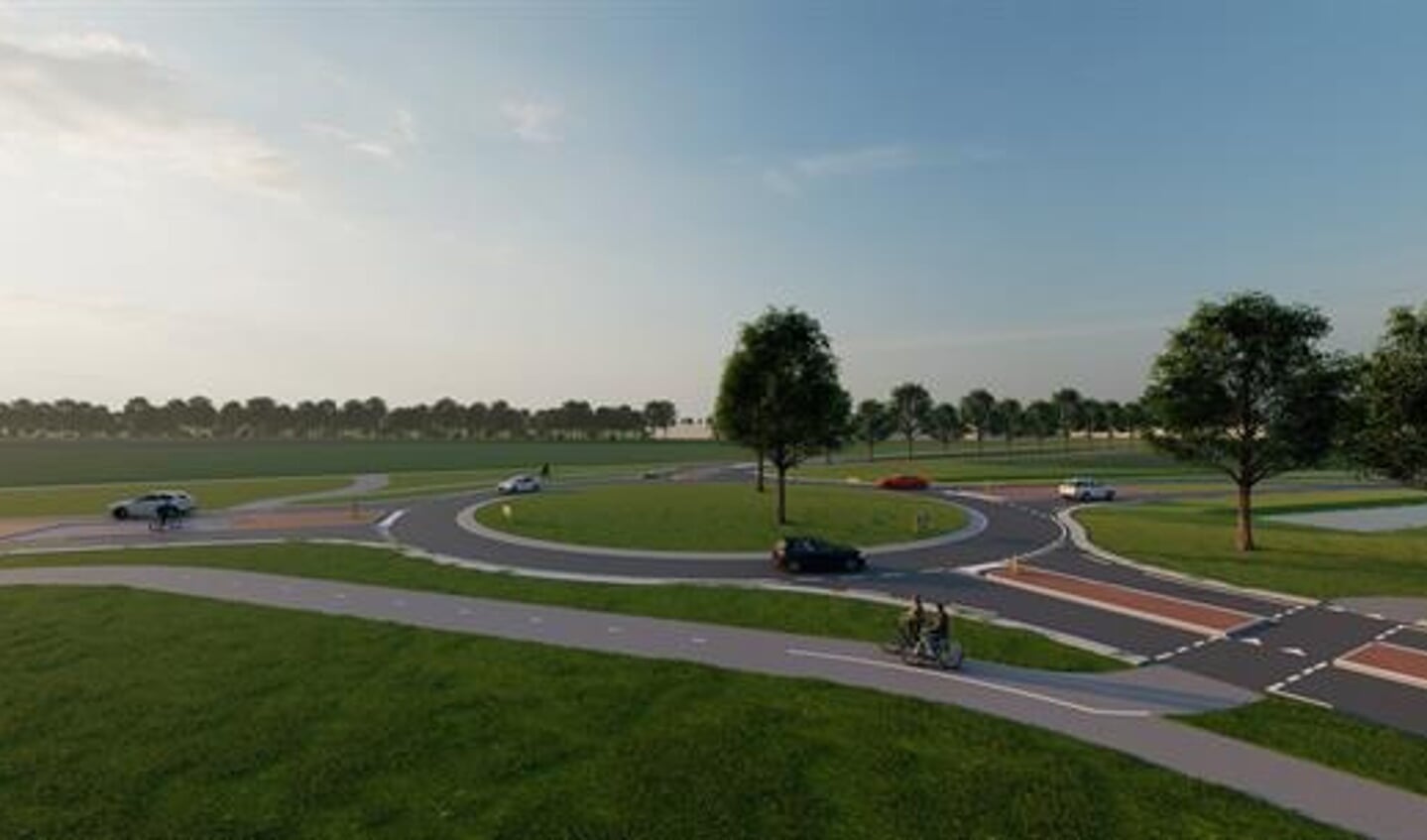 Visualisatie van de nieuwe rotonde op de Weg naar Voorst die de wijk De Hoven en de Tondensestraat gaat aansluiten op de nieuwe rondweg. Beeld: Provincie Gelderland