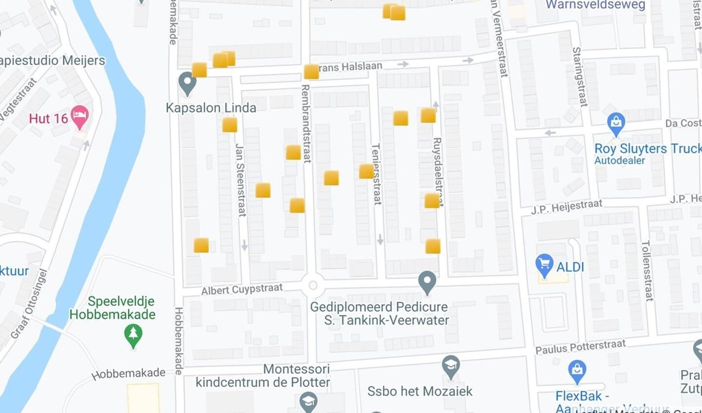 Overzichtskaart van de locaties in de Schilderswijk waar Joodse gezinnen woonden in de Tweede Wereldoorlog. Bron: stolpersteinezutphen.nl
