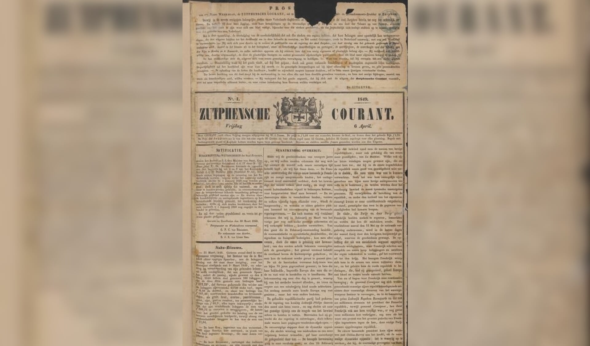 De Zutphense Courant van 6 april 1849. Foto: collectie Erfgoedcentrum Zutphen 