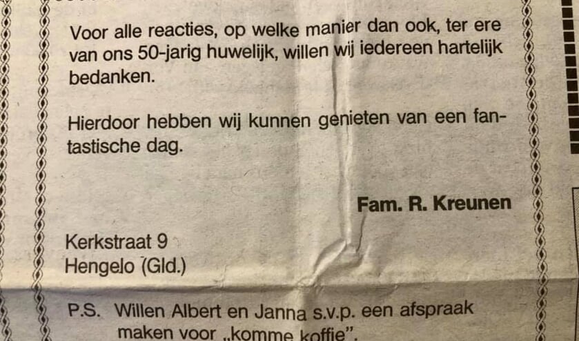<p>De bewuste advertentie uit 2003, met onderaan het bericht voor Albert en Janna. Foto: Jean Kreunen</p>