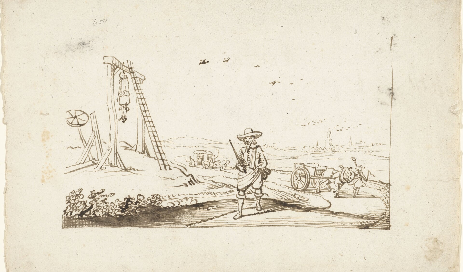 Heer lopend op een landweg langs galgen, Gesina ter Borch, ca. 1654. Bron: Rijksmuseum
