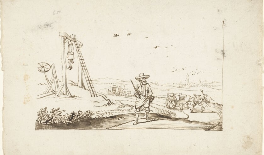 <p>Heer lopend op een landweg langs galgen, Gesina ter Borch, ca. 1654. Bron: Rijksmuseum</p>