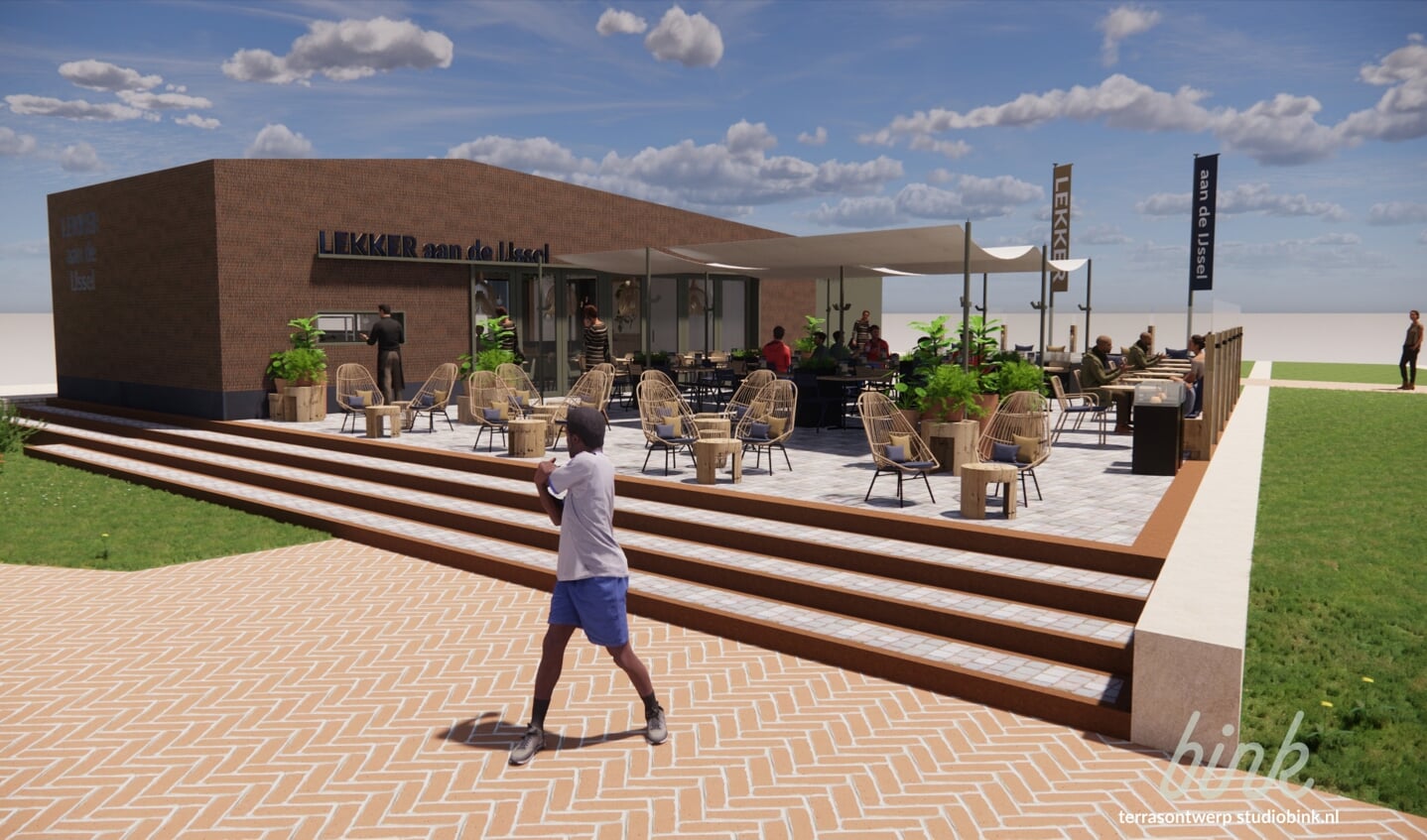 Een artist impression van hoe het restaurant met terras er uit zal zien. Foto: Studio BINK