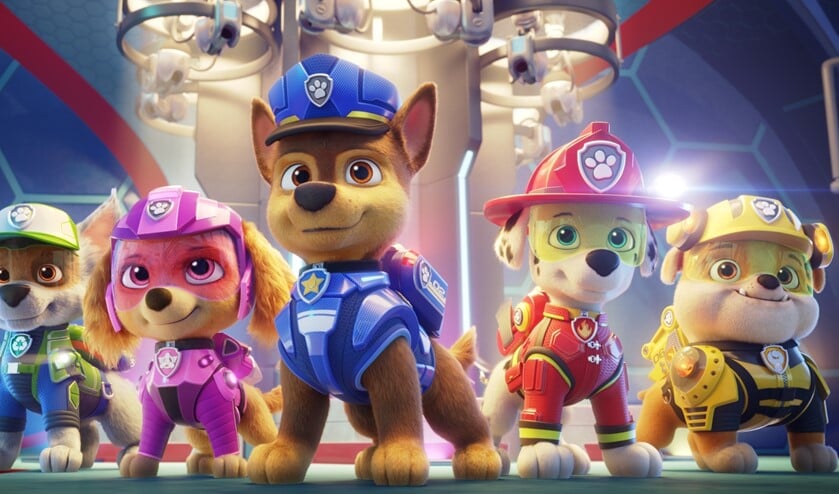 L-R: Zuma (voiced by Shayle Simons), Rocky (voiced by Callum Shoniker), Skye (voiced by Lilly Bartlam), Chase (voiced by Iain Armitage), Marshall (voiced by Kingsley Marshall), and Rubble (voiced by Keegan Hedley) in PAW PATROL: THE MOVIE from Paramount Pictures. Photo Credit: Courtesy of Spin Master.