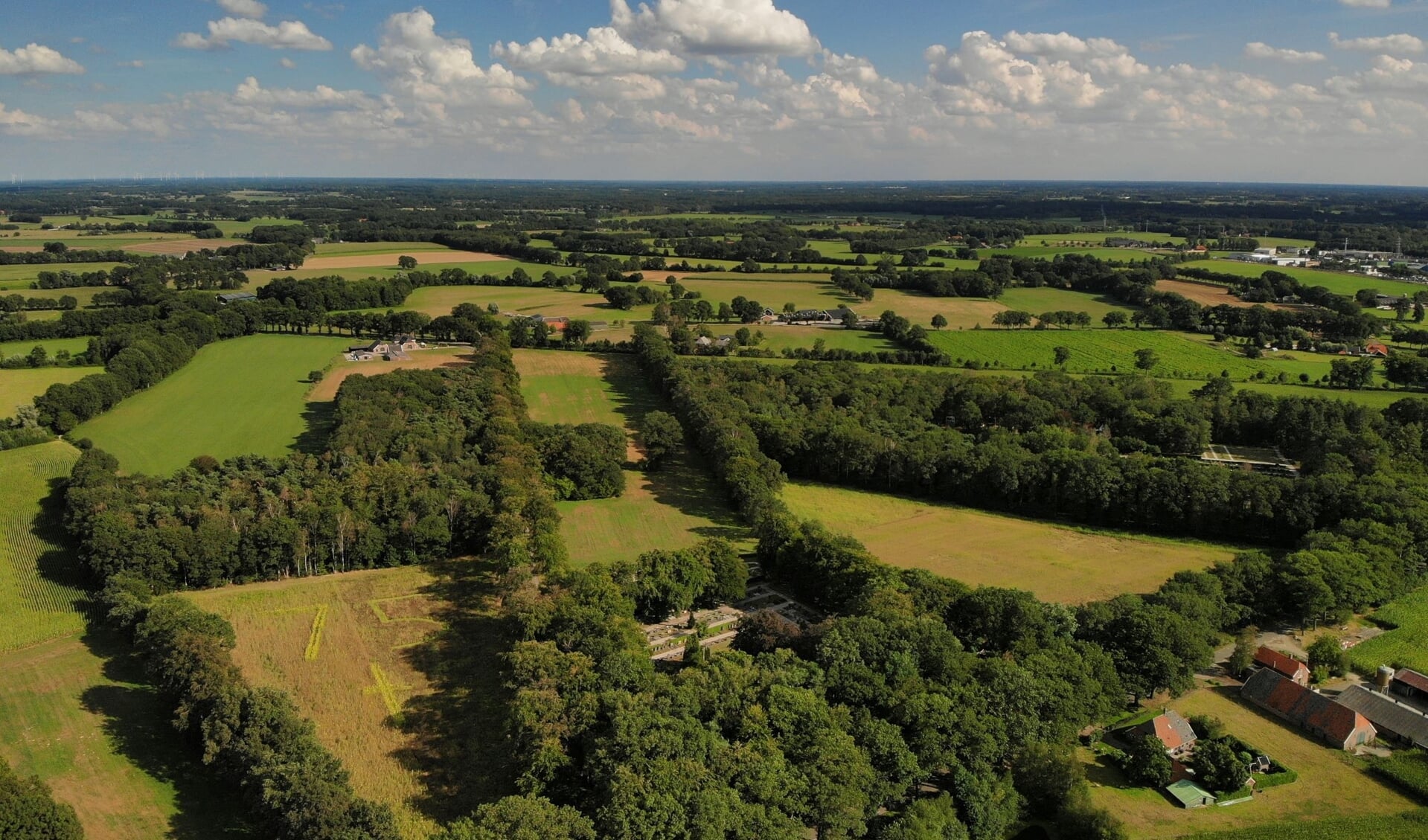 Een luchtfoto van de beoogde locatie voor het Vrijheidsbos, met op het terrein links vooraan in zonnebloemen het getal 75 en een kruis.. Foto: PR
