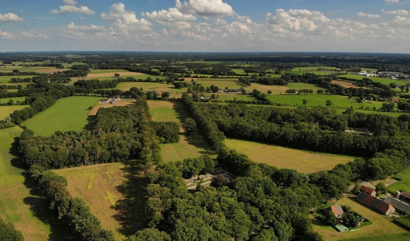 <p>Een luchtfoto van de beoogde locatie voor het Vrijheidsbos, met op het terrein links vooraan in zonnebloemen het getal 75 en een kruis.. Foto: PR</p>