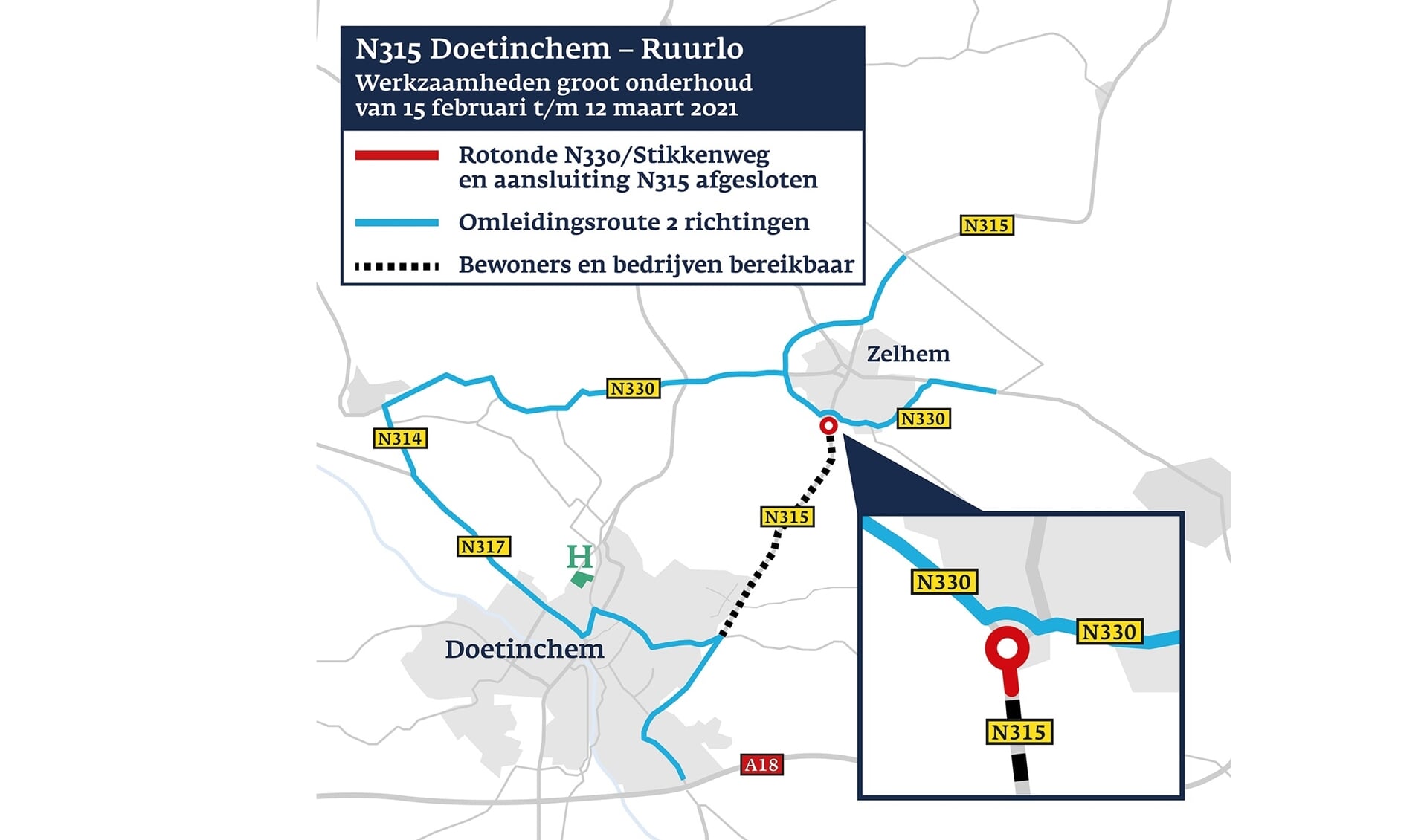 Omleidingsroute voor werkzaamheden aan de N315 Doetinchem-Ruurlo. Beeld: Provincie Gelderland