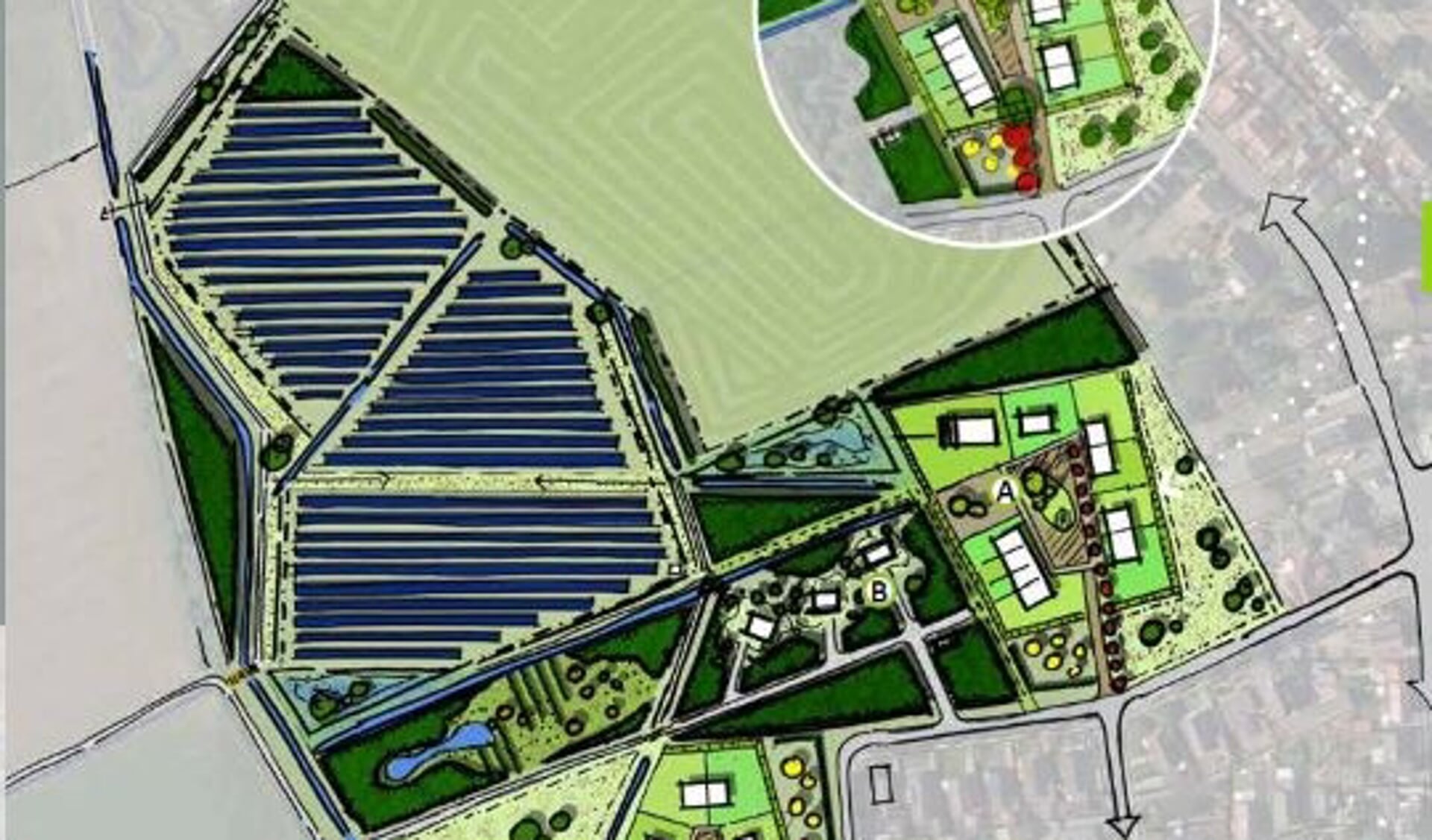 Een schets uit het Ontwikkelkader met een mogelijke invulling van het plangebied vanuit een combinatie van zonnepark en woningbouw.