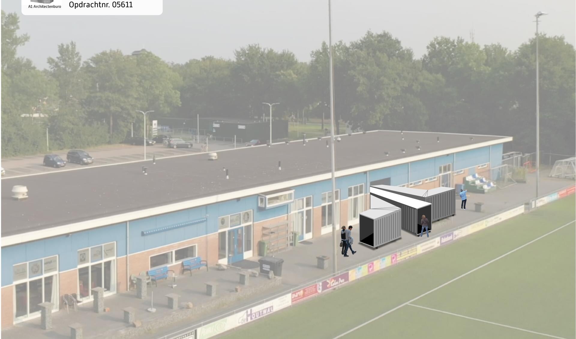 Impressie van het plan van voetbalvereniging Be Quick uit Zutphen om drie vliegtuigslurfen in te zetten om zo de bezoekersstroom te reguleren. Beeld: PR