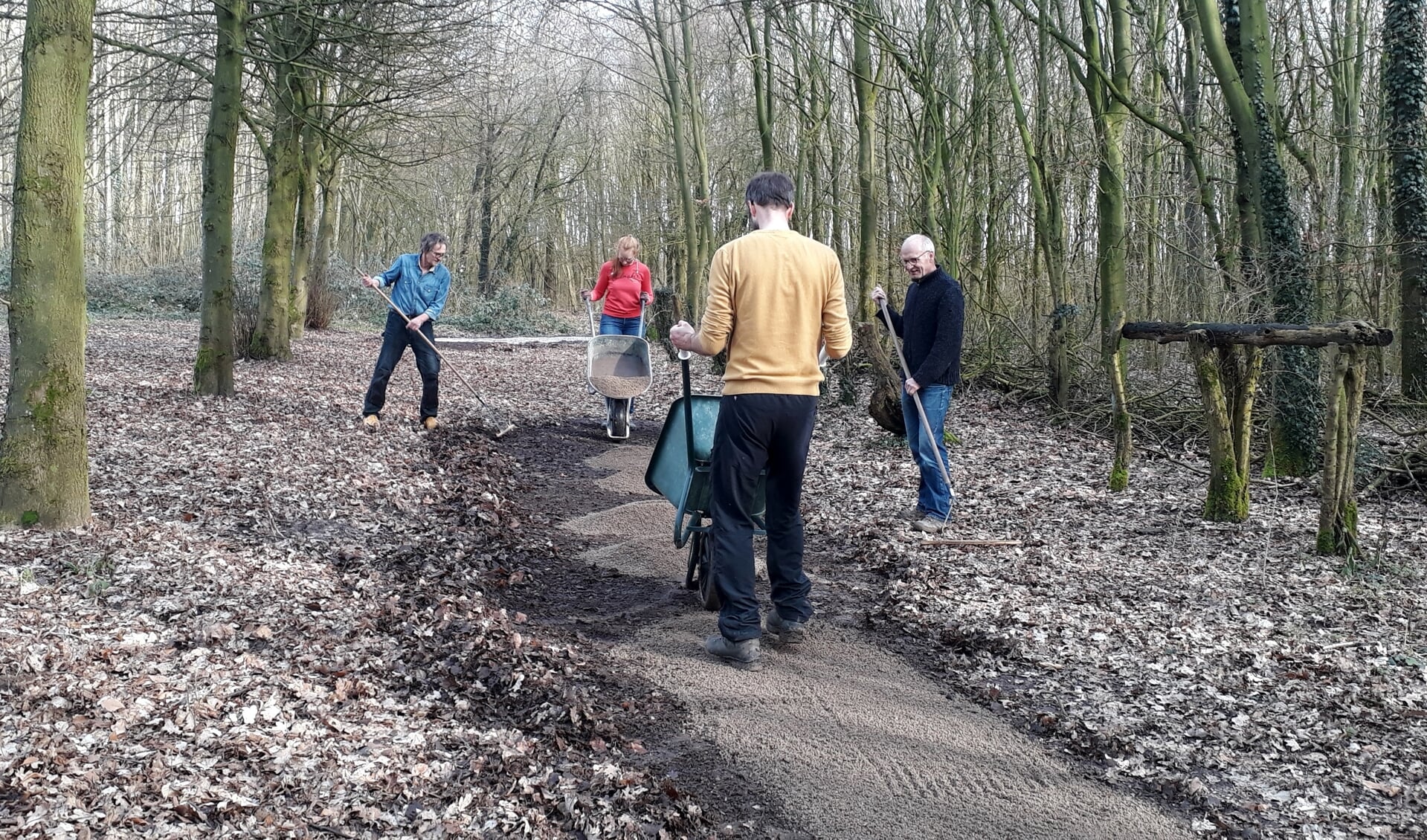 Vrijwilligers leggen een semiverhard pad aan in het dorpsbos van Steenderen, geschikt voor rolstoelen, kinderwagens et cetera. Foto: Karin van Heijst